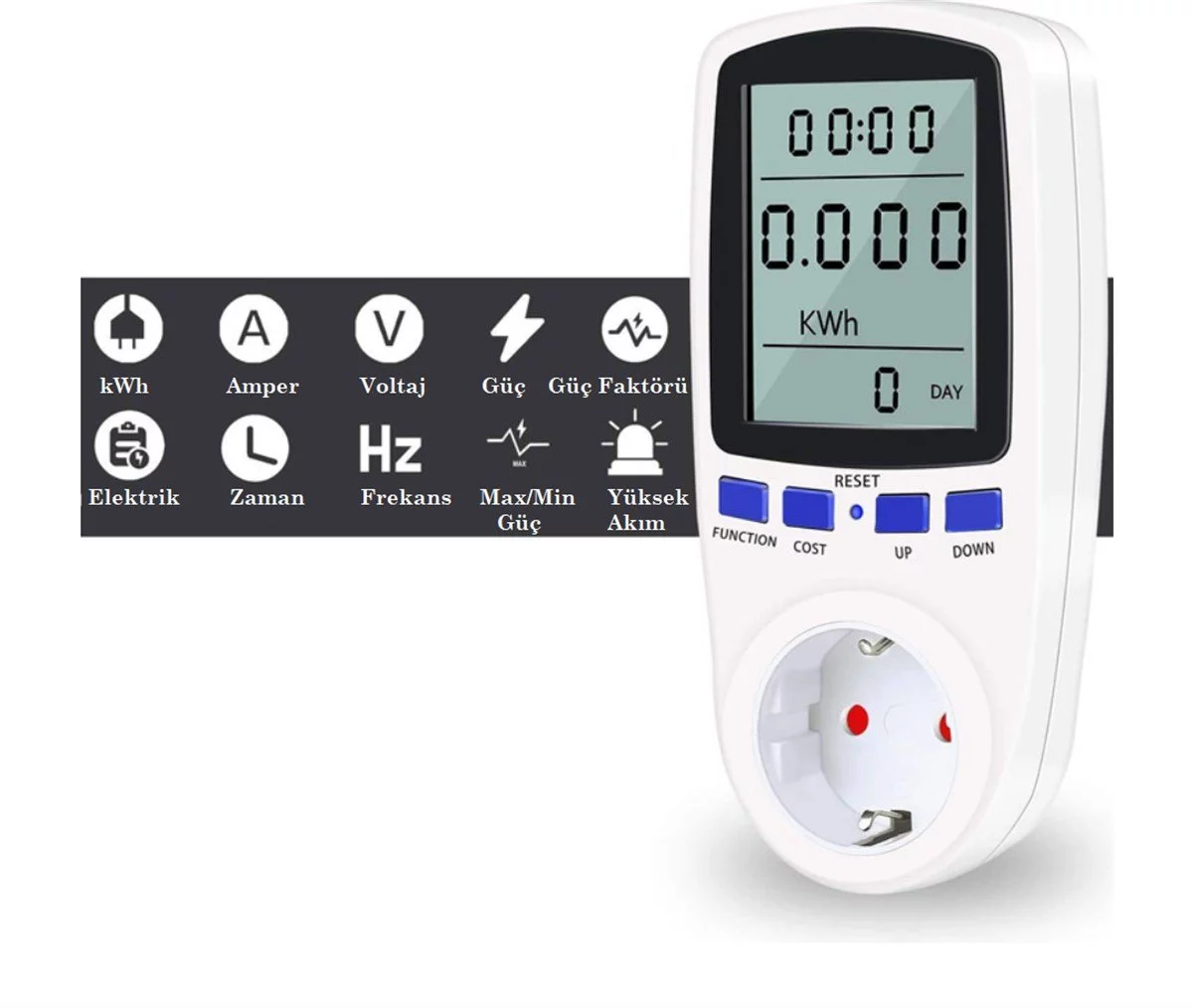 Işıklı Wattmetre Priz Tipi 16A 3680W Enerji Sarfiyat Ölçer Tüketim Ölçer