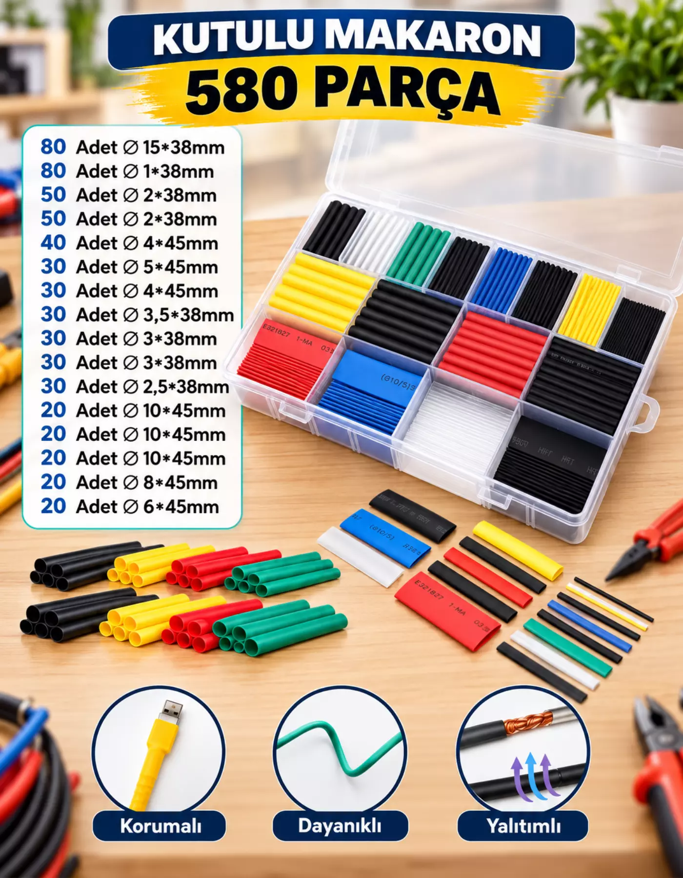 Isıyla Daralan Makaron Kablo Seti 580 Parça Kablo Tamir Kiti