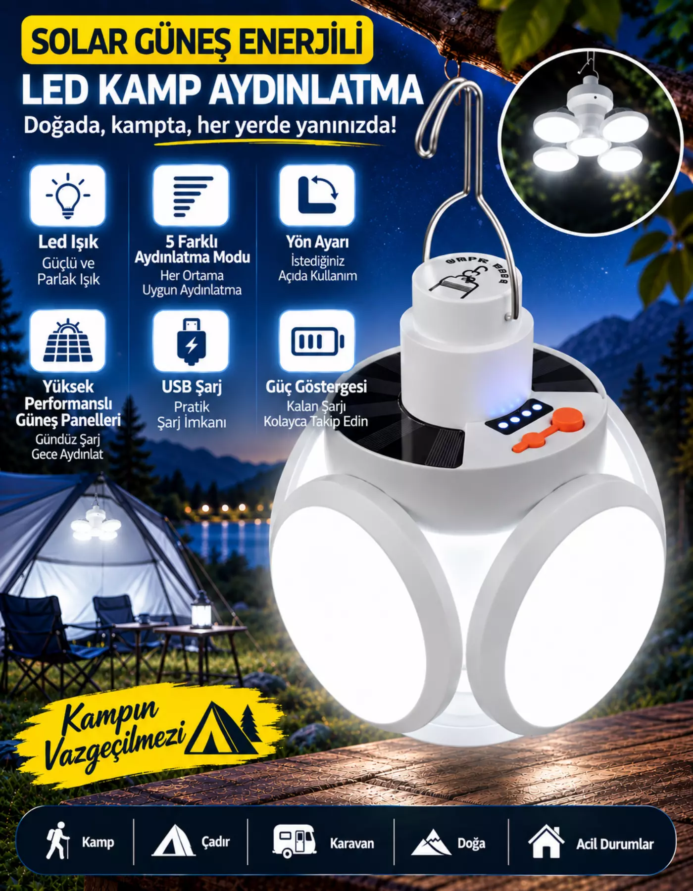 JP8801 Solar ve Adaptör Şarj Girişli 5 Kanatlı 5 Modlu Kamp Bahçe Lambası