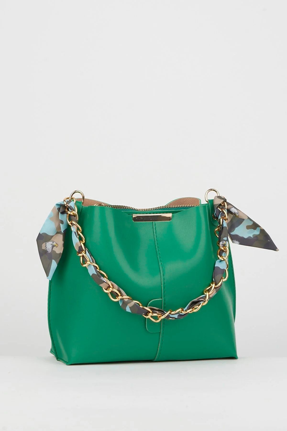 Kadın Yeşil Fularlı Zincir Aksesuarlı Yumuşak Deri 3 Bölmeli El Kol Ve Omuz Çantası