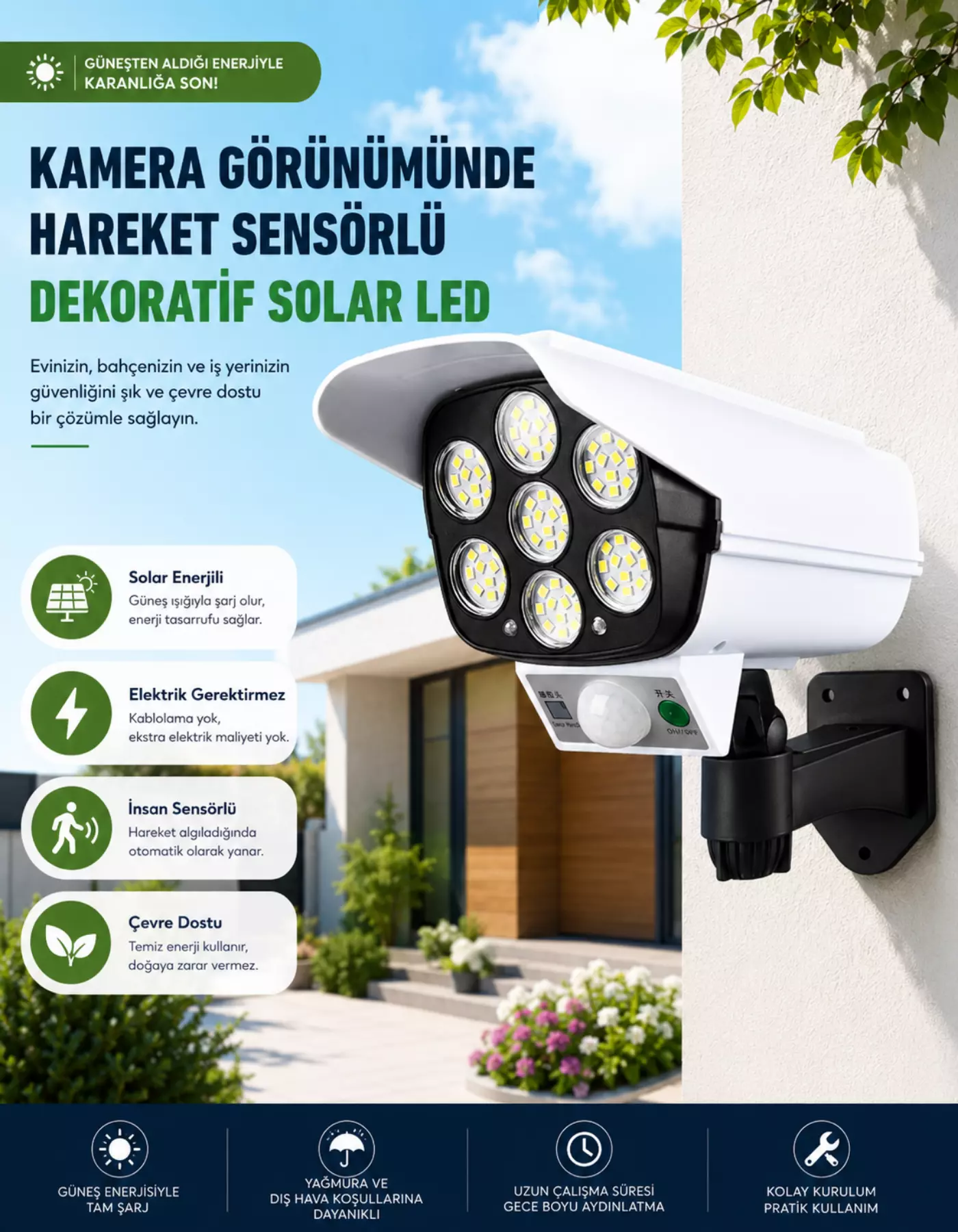 Kamera Görünümlü Hareket  Sensörlü Uzaktan Kumandalı Solar Bahçe Lambası pilhediyeli