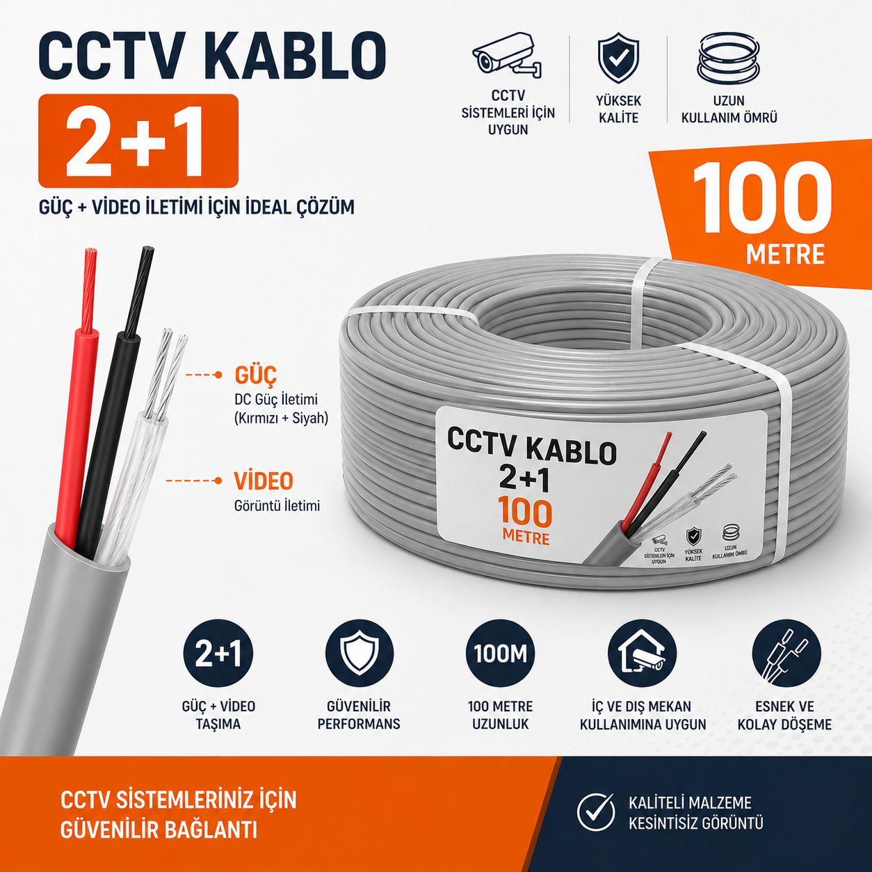 Kamera Kablosu 2+1 CCTV 2x0.22 100 Metre