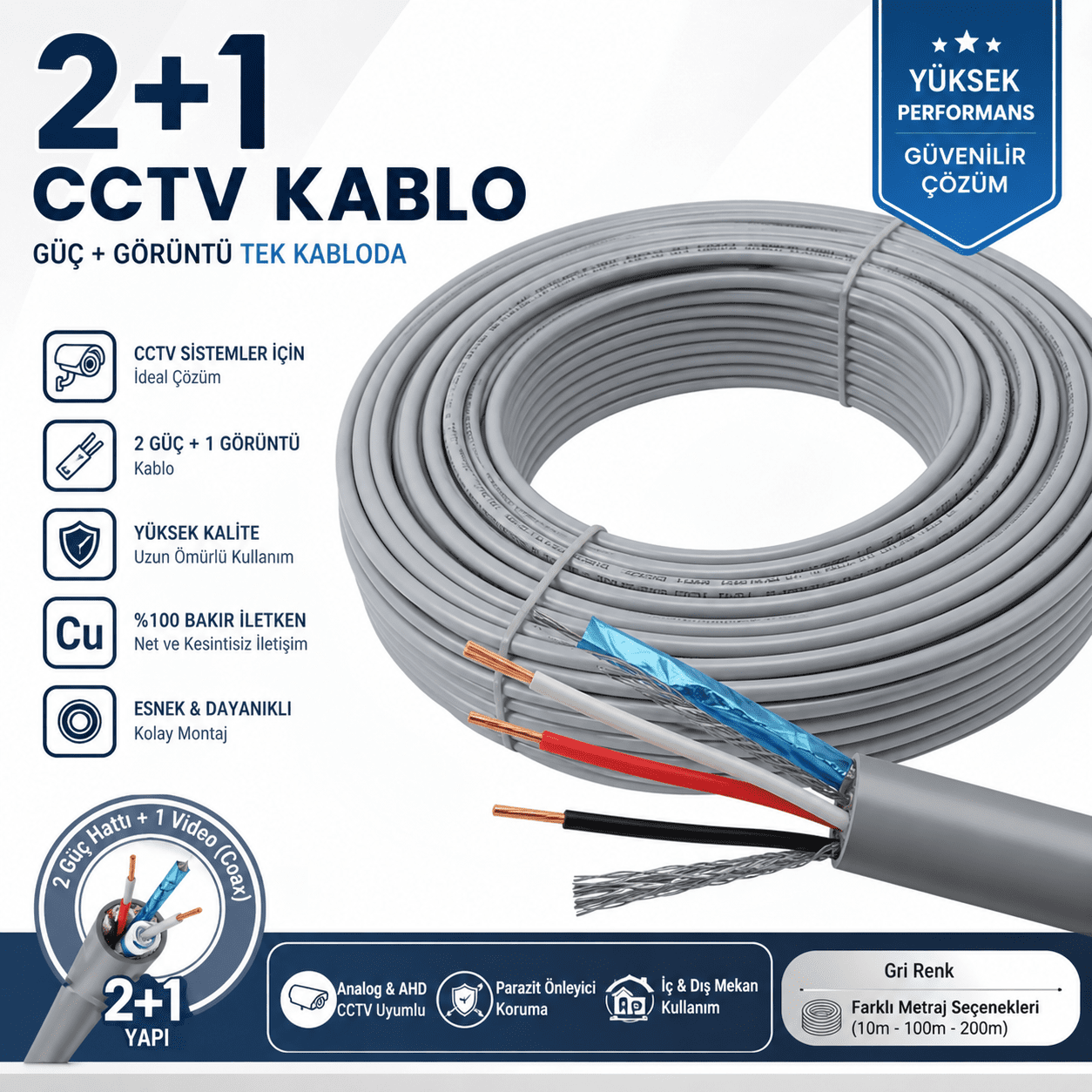 Kamera Kablosu 2+1 CCTV 2x0.22 100 Metre