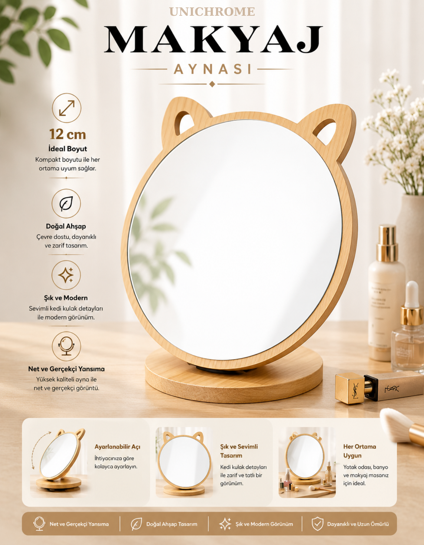 Kedi Ayna Ahşap Standlı Masa üstü Makyaj Aynası Make Up 14CM