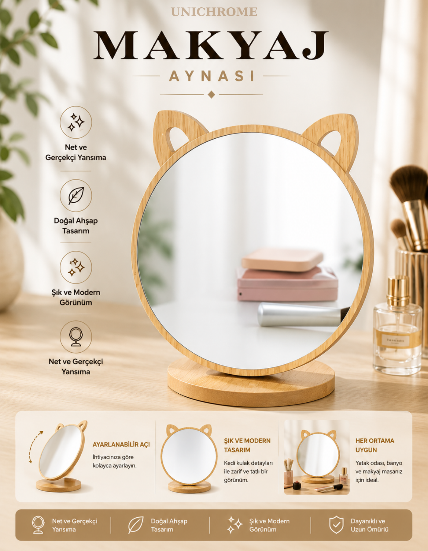 Kedi Ayna Ahşap Standlı Masa üstü Makyaj Aynası Make Up 14CM