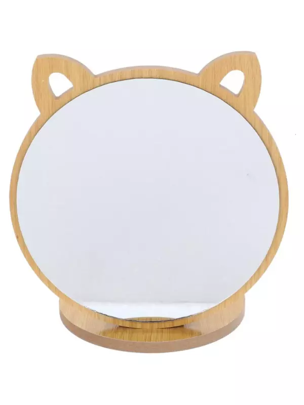 Kedi Ayna Ahşap Standlı Masa üstü Makyaj Aynası Make Up 19CM