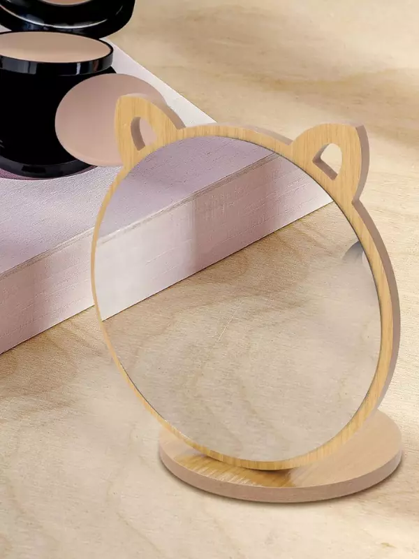 Kedi Ayna Ahşap Standlı Masa üstü Makyaj Aynası Make Up 19CM