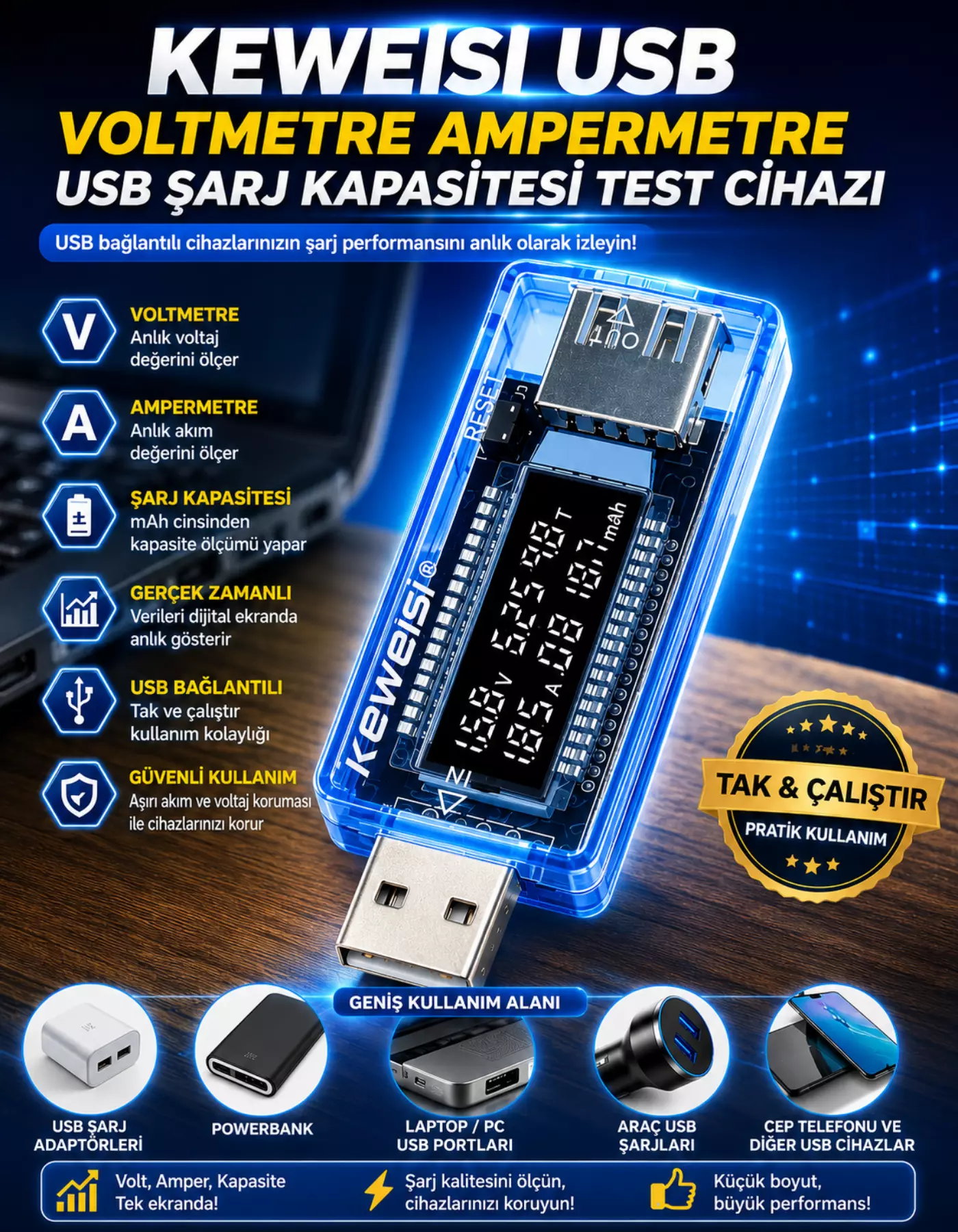 Keweisi USB Voltmetre Ampermetre USB Şarj Kapasitesi Test Cihazı
