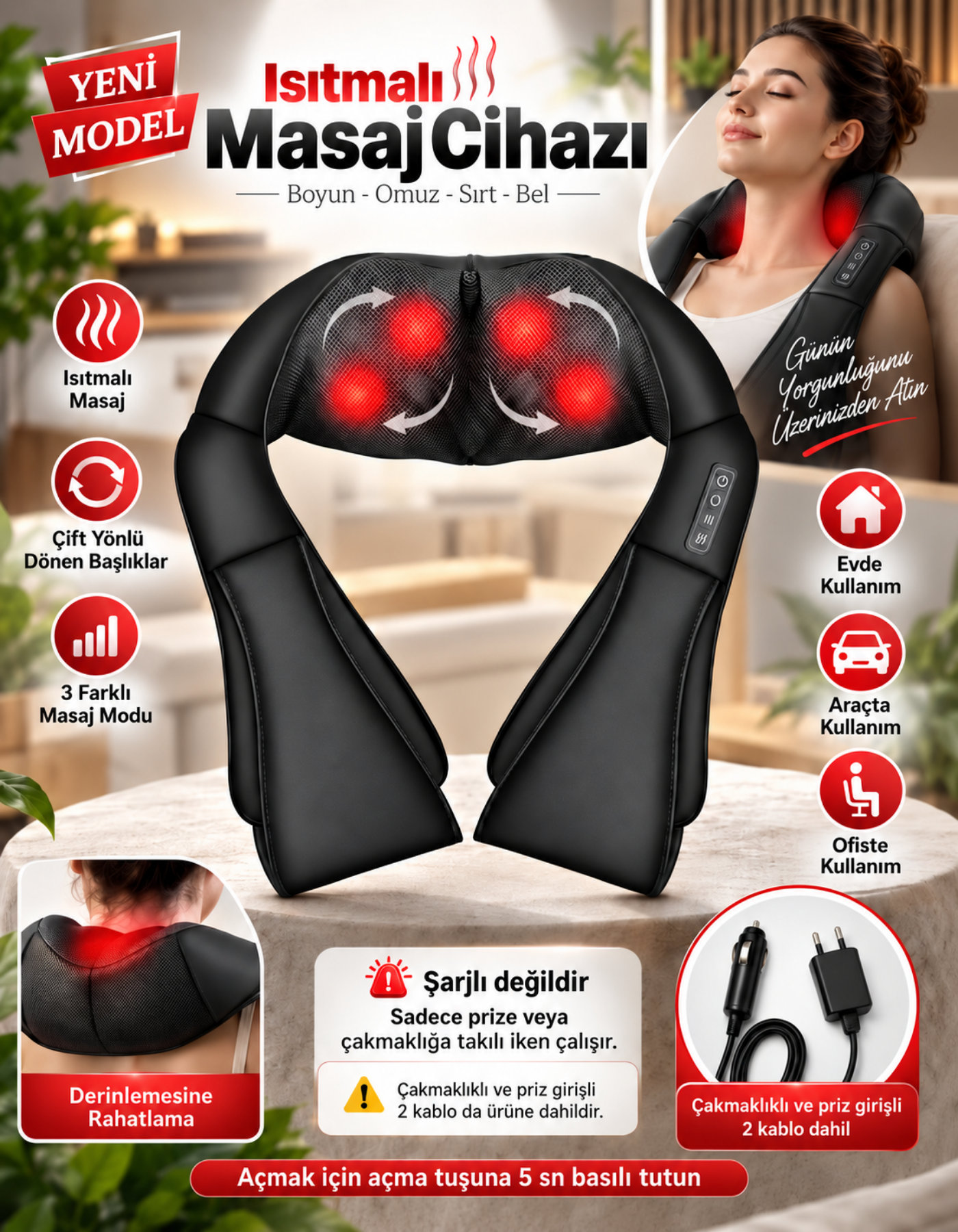 Kneading Ovmalı Isıtmalı Masaj Yastığı Boyun Bel Sırt Omuz Masaj Aleti (Şarjlı Değildir)