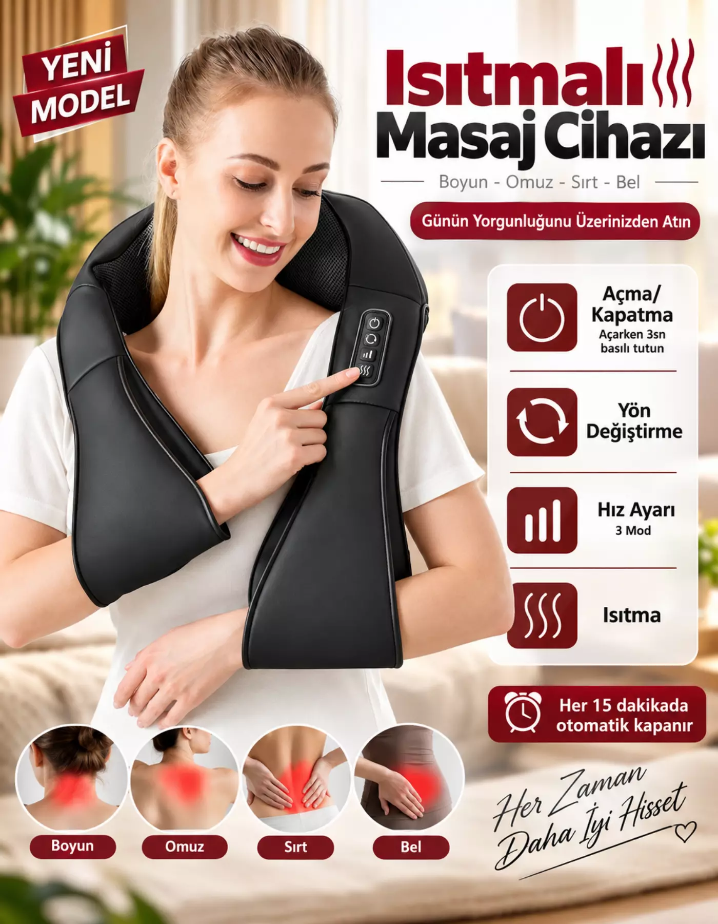 Kneading Ovmalı Isıtmalı Masaj Yastığı Boyun Bel Sırt Omuz Masaj Aleti (Şarjlı Değildir)