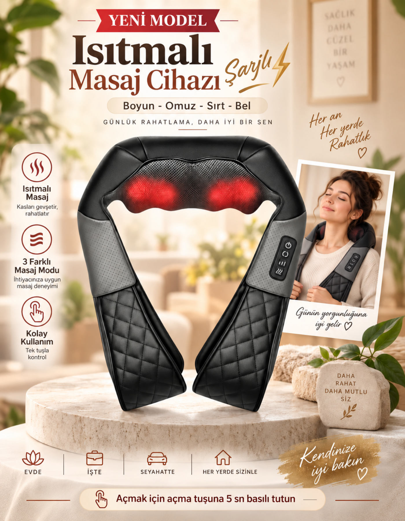 Kneading Ovmalı Isıtmalı Masaj Yastığı Boyun Bel Sırt Omuz Şarjlı Masaj Aleti