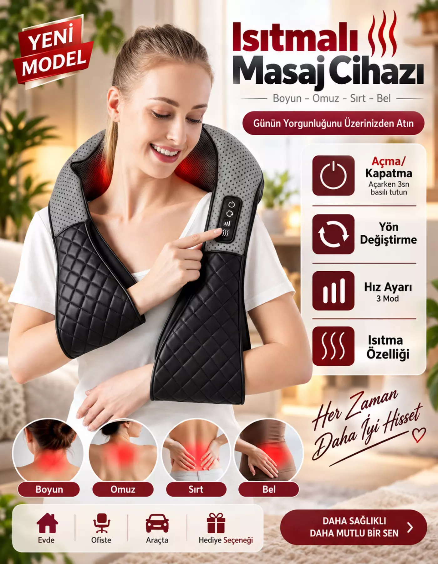 Kneading Ovmalı Isıtmalı Masaj Yastığı Boyun Bel Sırt Omuz Şarjlı Masaj Aleti