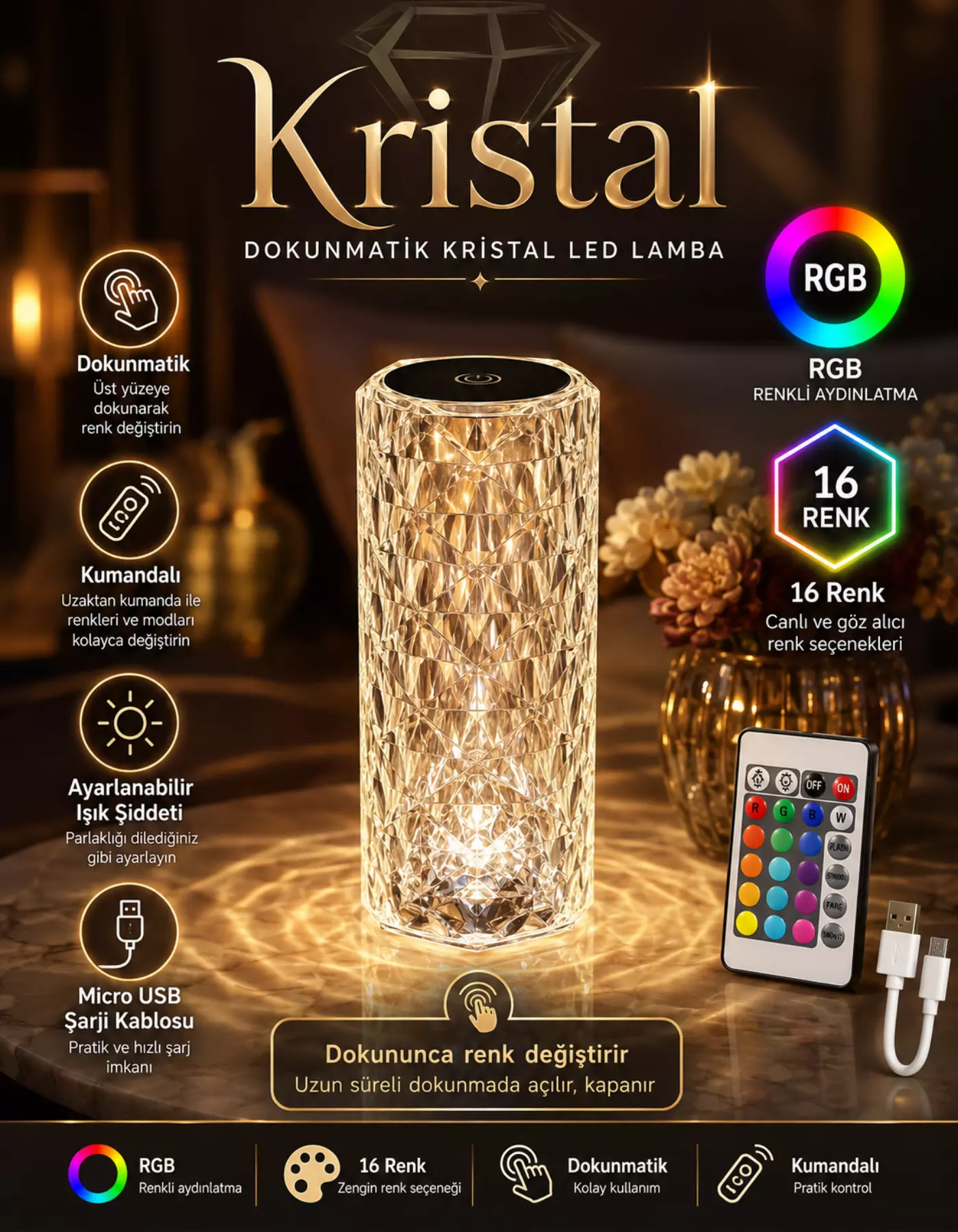 Kristal Elmas Led Dokunmatik Sensör Usb Şarjlı Masa Lambası RGB Gece Lambası