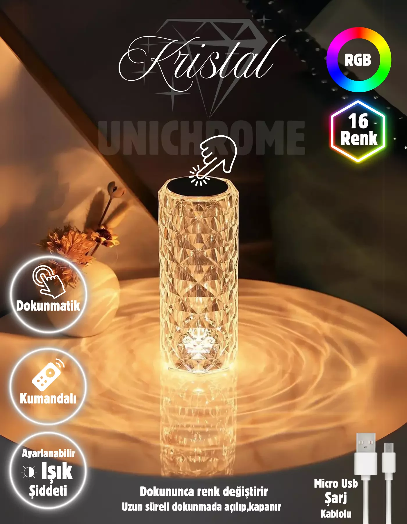 Kristal Elmas Led Dokunmatik Sensör Usb Şarjlı Masa Lambası RGB Gece Lambası