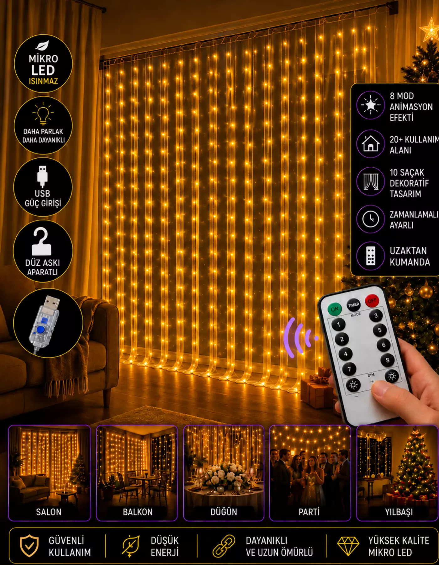 Kumandalı 8 Ayrı Moda Sahip 3 mx3 m 300 Cm X 300 cm Perde Led 10 Saçaklı Gün Işığı