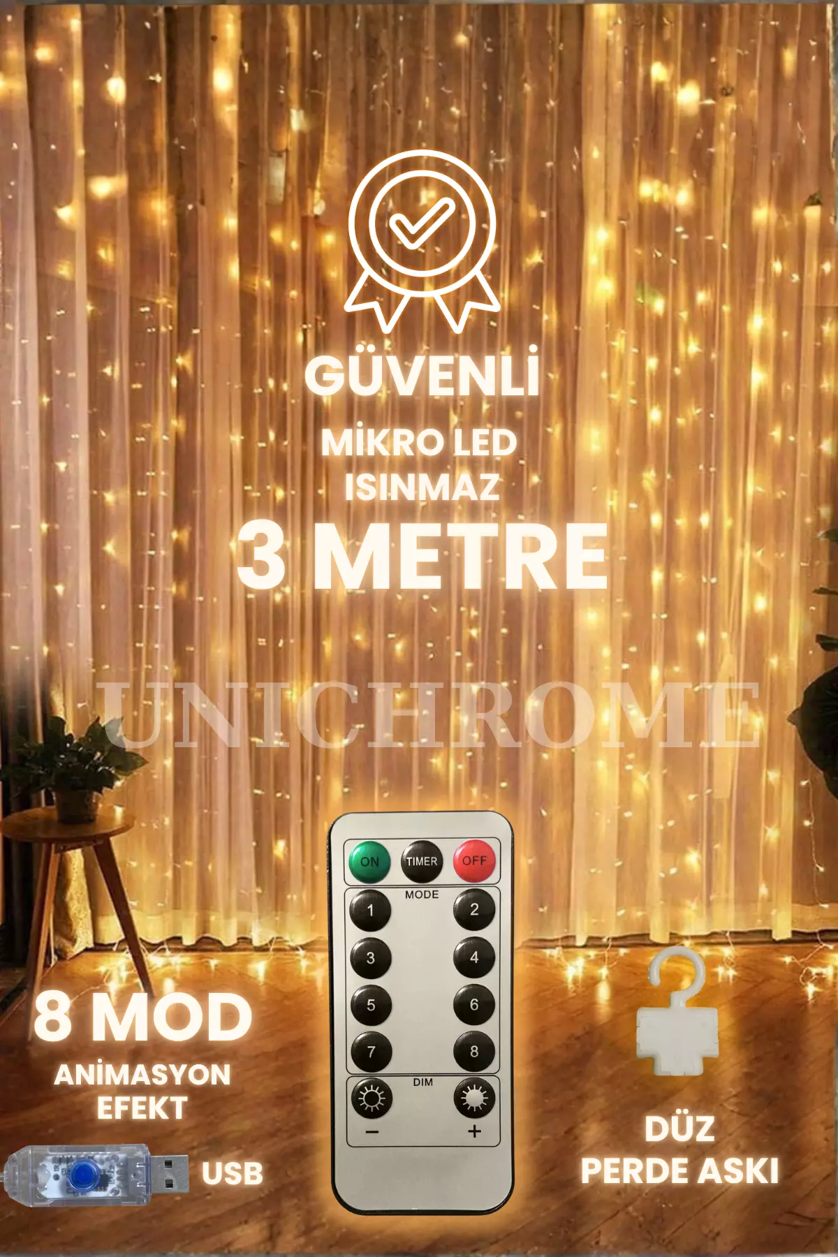 Kumandalı 8 Ayrı Moda Sahip 3 mx3 m 300 Cm X 300 cm Perde Led 10 Saçaklı Gün Işığı