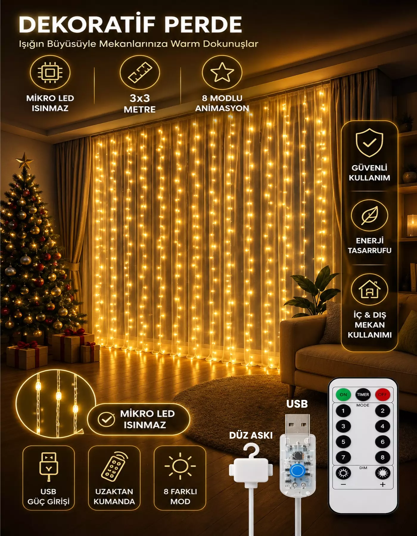 Kumandalı 8 Ayrı Moda Sahip 3 mx3 m 300 Cm X 300 cm Perde Led 10 Saçaklı Gün Işığı