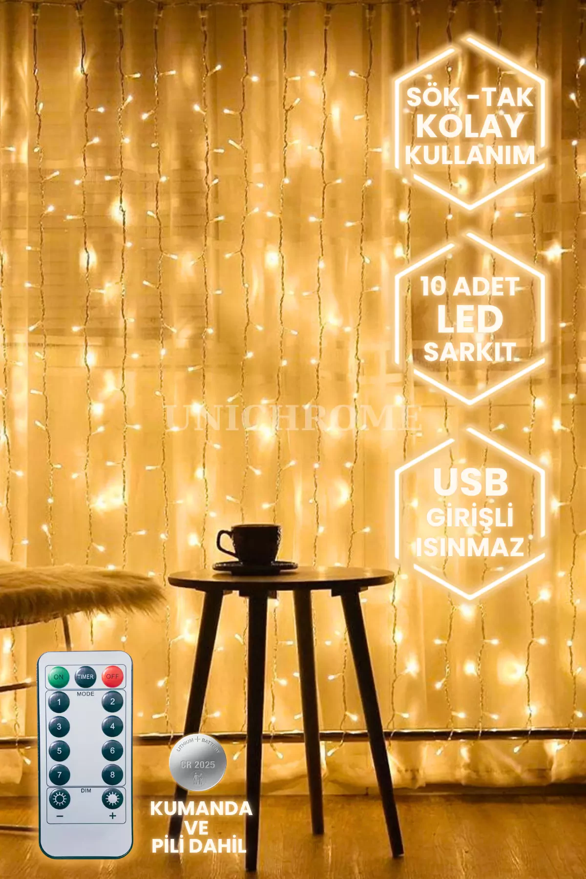 Kumandalı 8 Ayrı Moda Sahip 3 mx3 m 300 Cm X 300 cm Perde Led 10 Saçaklı Gün Işığı