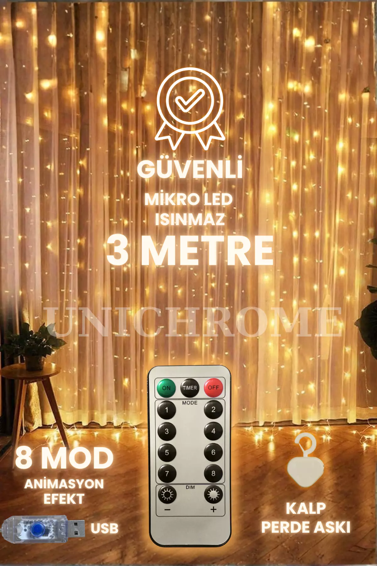 Kalp Askılı Kumandalı 8 Ayrı Moda Sahip 3x3M 300X300Cm Perde Led 10 Saçaklı Sarkıtlı 300 Led Gün Işığı