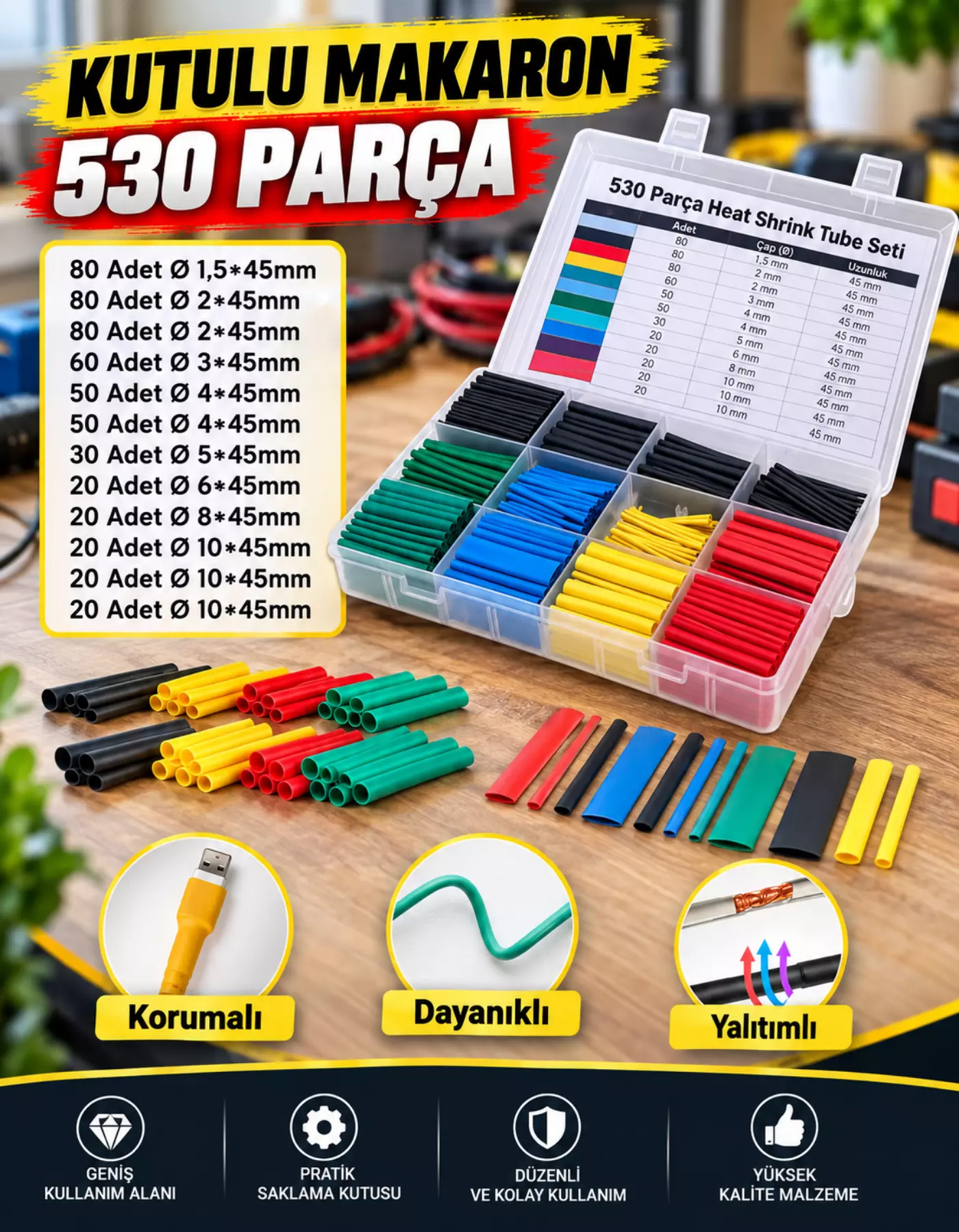 Kutulu 530 Parça Makaron Kablo Yalıtım Isı Boru Daralan Kablo Tamir