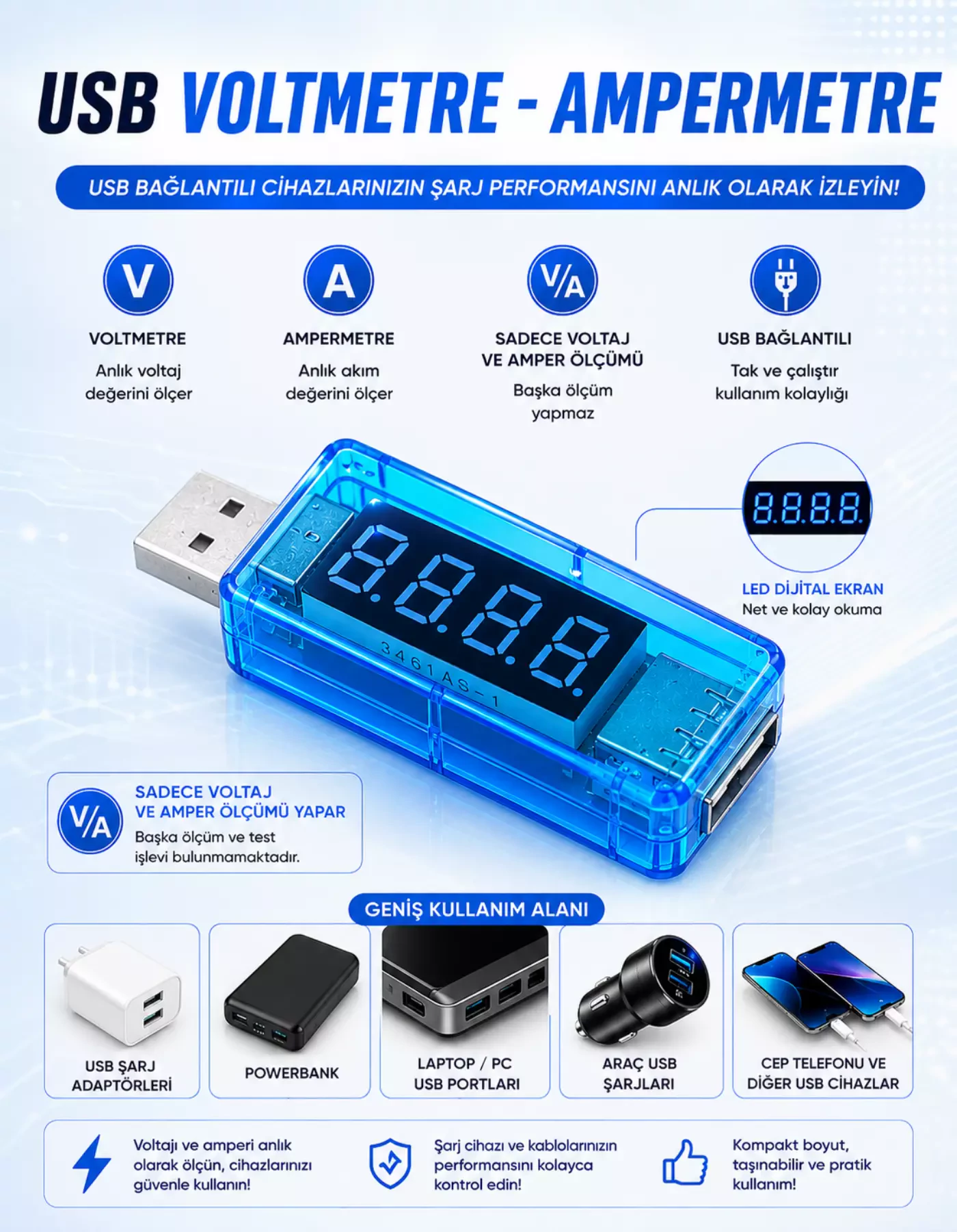 Led Göstergeli USB Voltmetre Ampermetre Volt Amper Gerilim Ölçer