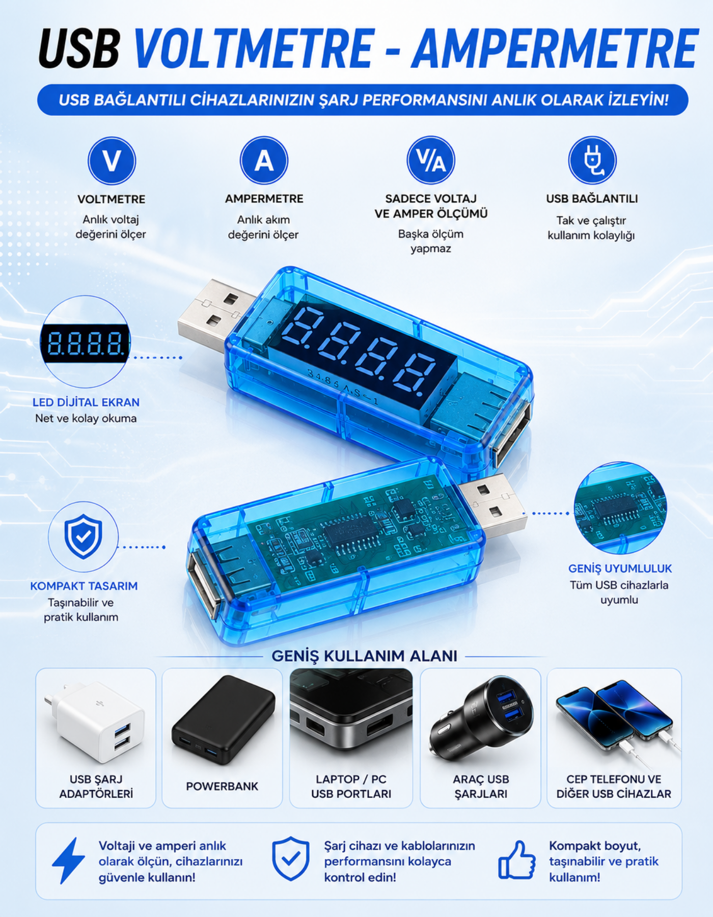 Led Göstergeli USB Voltmetre Ampermetre Volt Amper Gerilim Ölçer