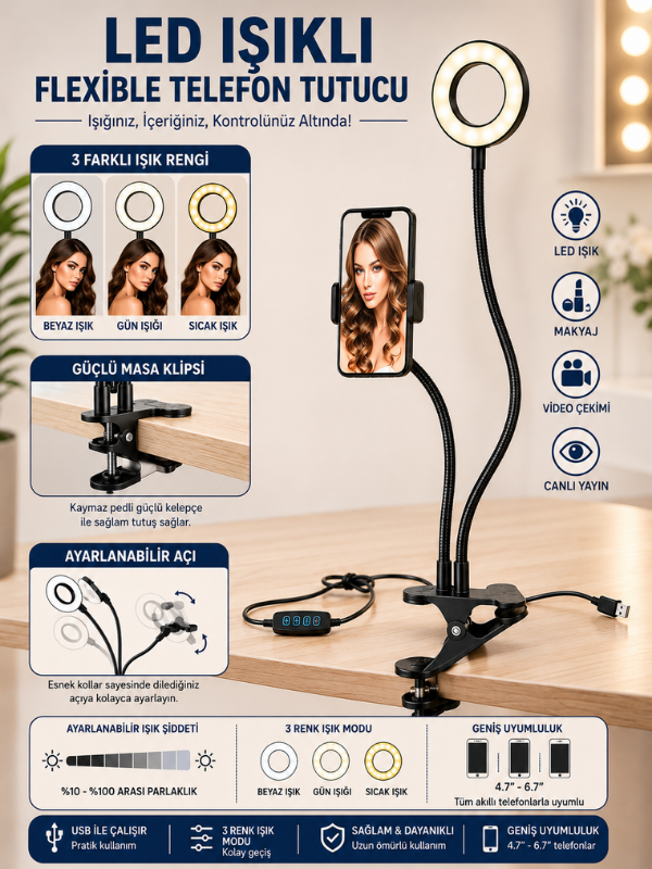 Led Ring Light Youtuber Light Stüdyo Işığı Akrobat Selfie Led Masa Lambası 4 in 1 Set