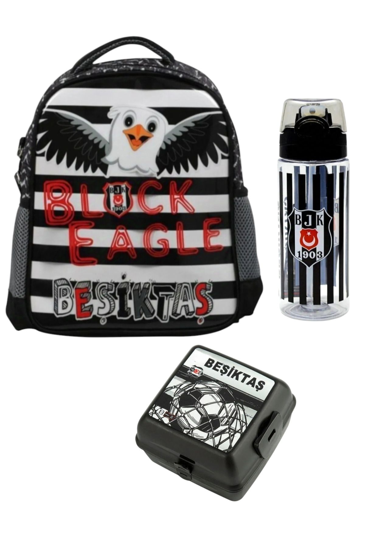 Lisanslı Kara Beşiktaş Kartal Anaokulu Çantası 500ml Matara Ve Beslenme Kabı Kırtasiye Seti