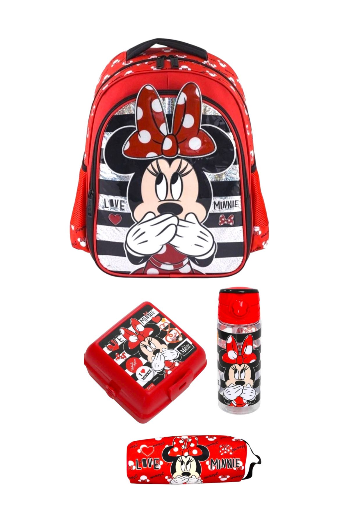 Lisanslı Minnie Mouse İlkokulu Çantası Kalem Çantası 500 ml Matara ve Beslenme Kabı 4 lü Okul Seti