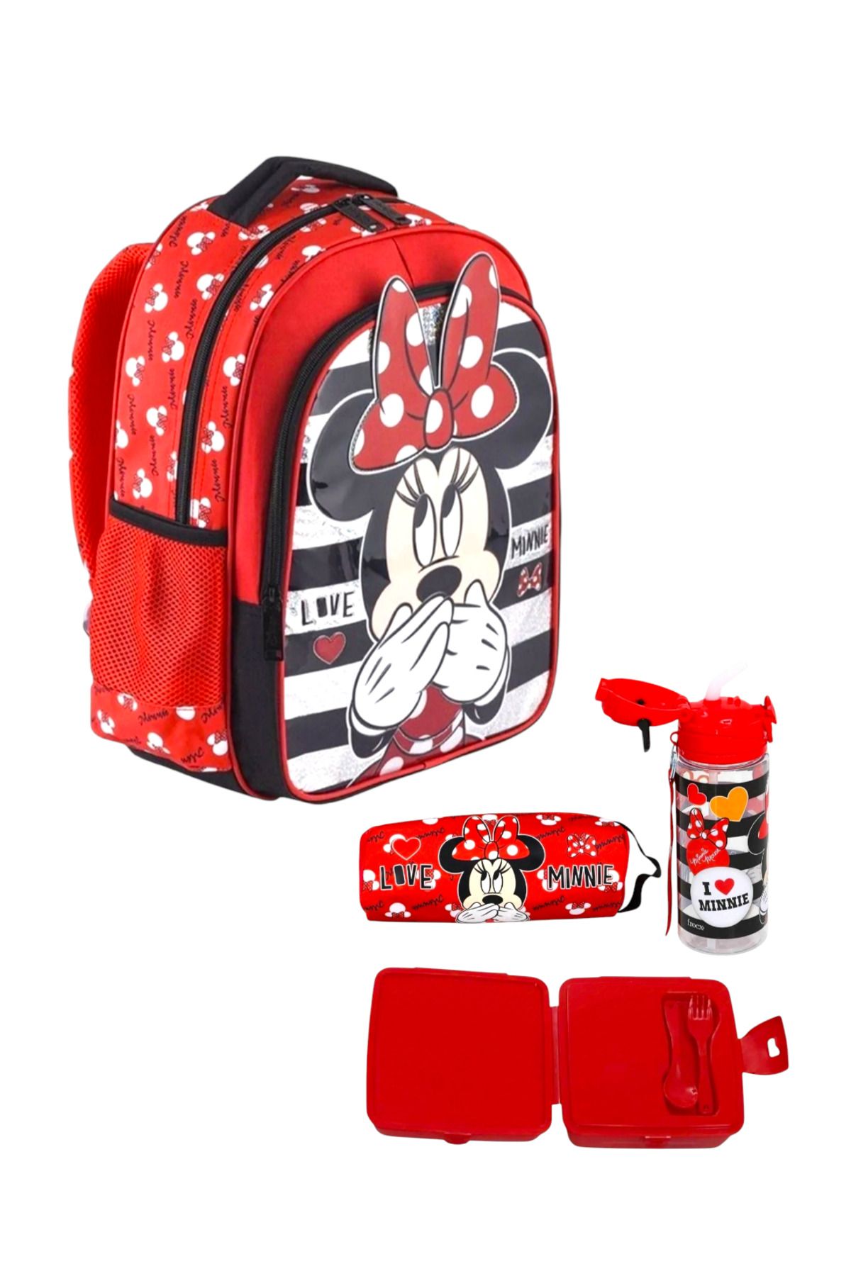 Lisanslı Minnie Mouse İlkokulu Çantası Kalem Çantası 500 ml Matara ve Beslenme Kabı 4 lü Okul Seti