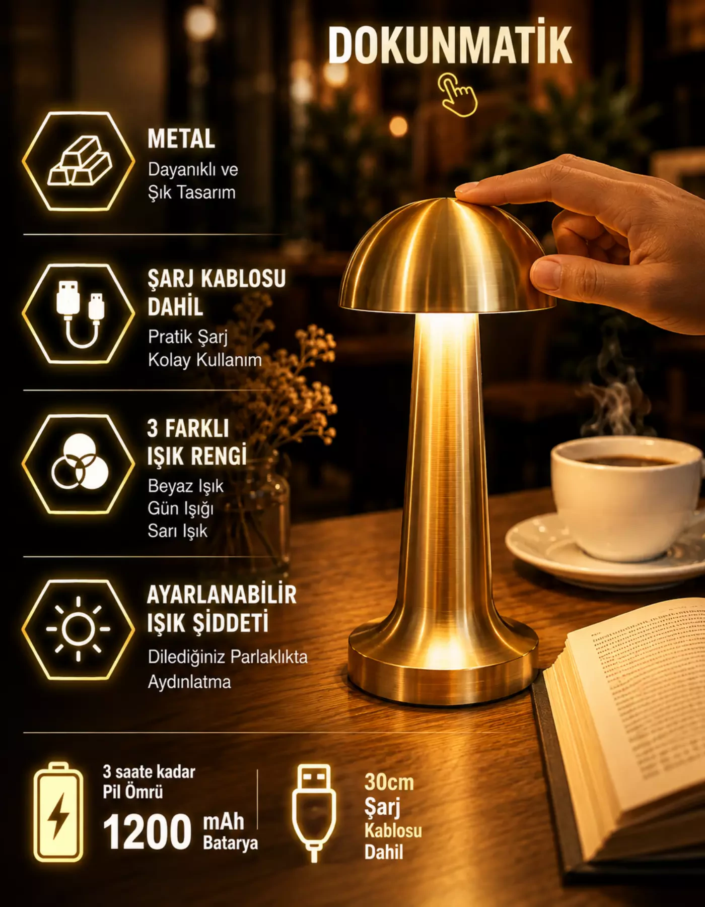 Lizbon 3 Işık Renkli Şarjlı Dim Edilebilir Masa Lambası Gold