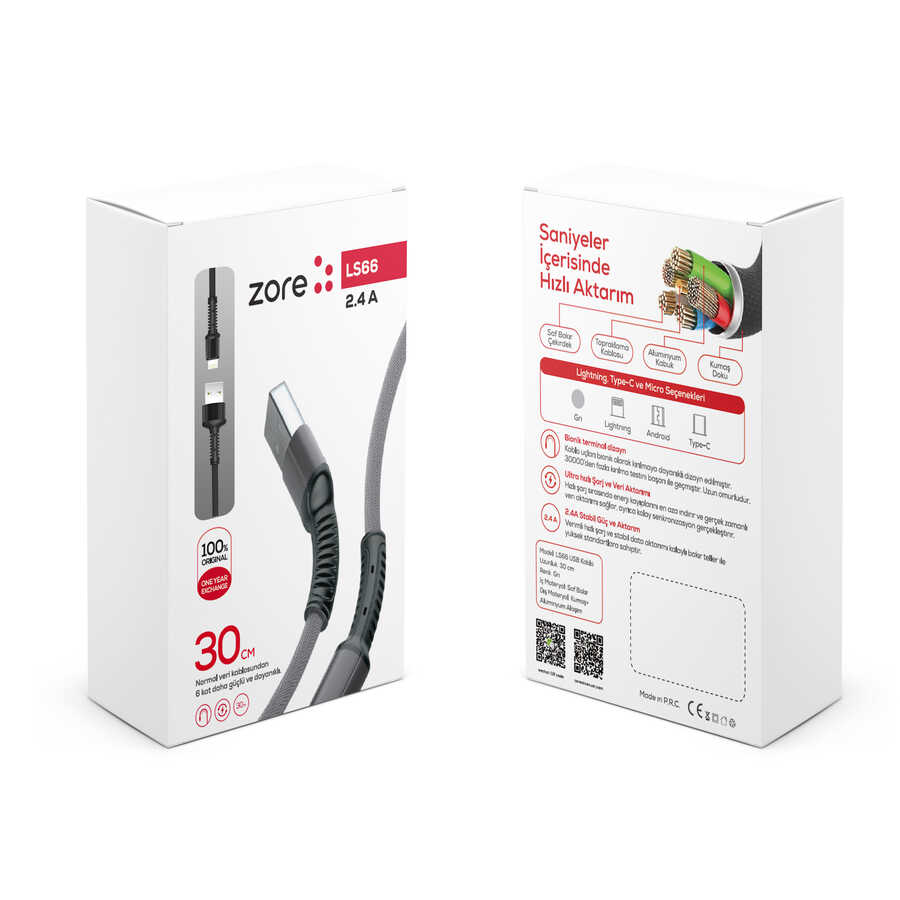 LS66 2.4A Hızlı Şarj 30CM Lightning Akıllı Çip Usb Kablo