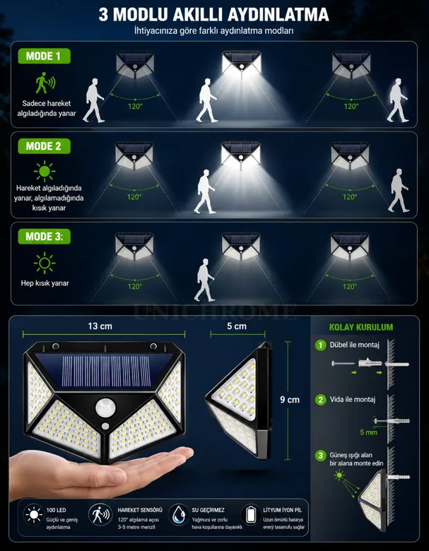 100 LED Solar PIR Hareket Sensörlü Su Geçirmez Duvar Lambası IP65