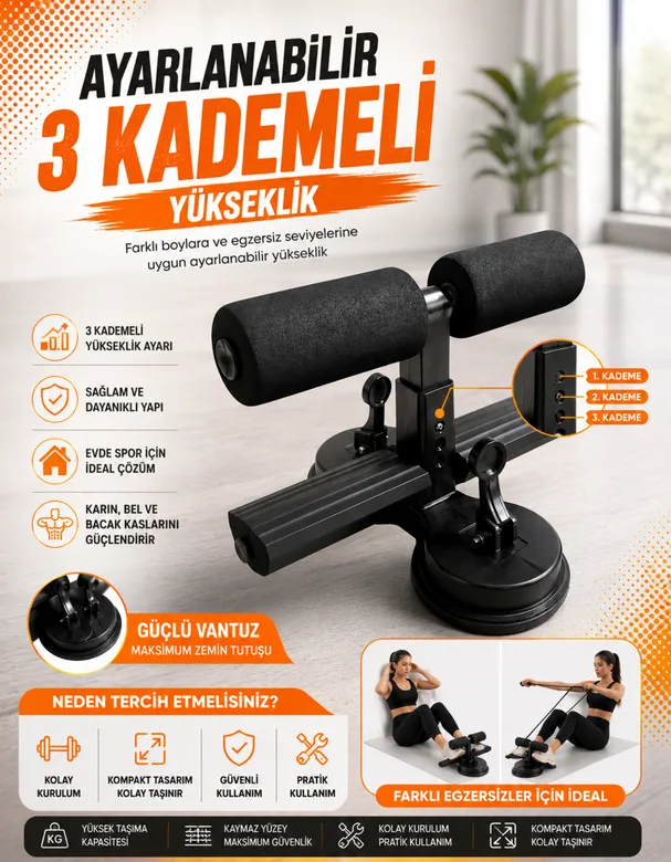 Çift Vantuzlu Mekik Çekme Metal Spor Aleti Ayak Destek Direnç Lastikli Karın Egzersizi Spor Egzersiz