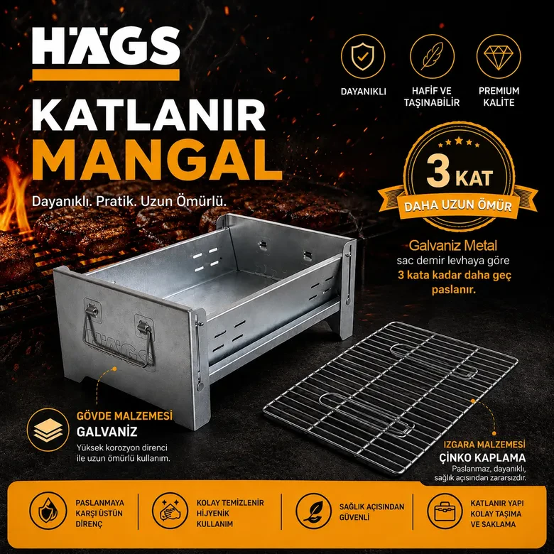 Haegs Katlanır Mangal, Galvaniz Metal, Kömür Mangalı, Izgaralı, Portatif taşınabilir Pratik Mangal