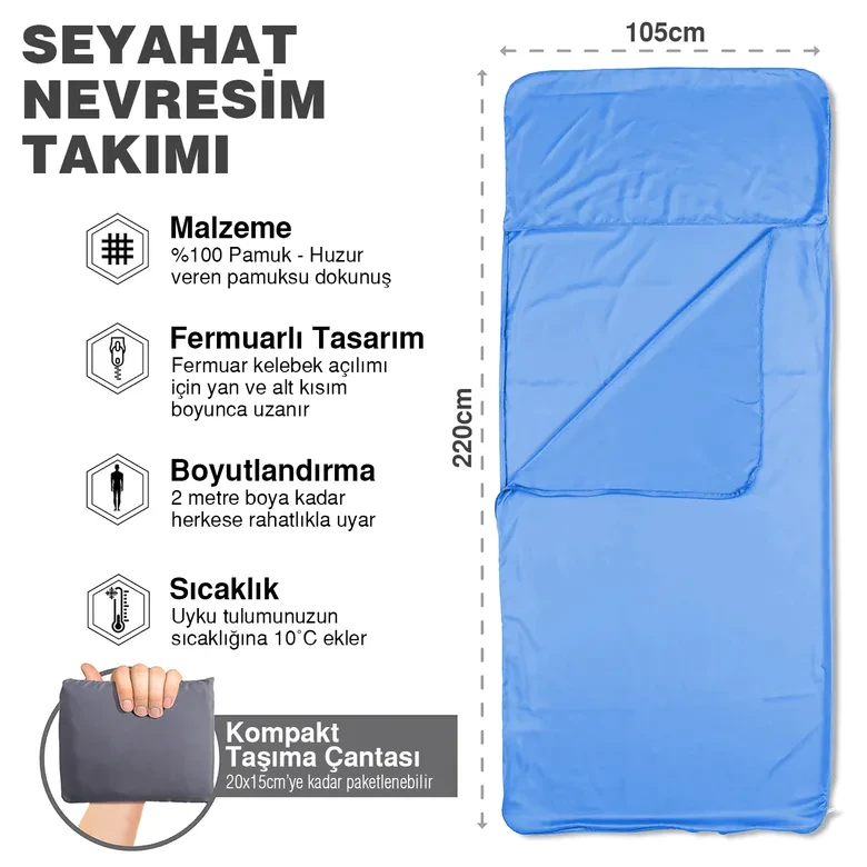 Haegs Seyahat Uyku Nevresimi, %100 Pamuk, Hafif Kompakt Taşınabilir Seyahat tipi Nevresim Takımı, Otel için Temiz Çarşaf, Kamp Uyku Tulumu Astarı, Kamp Çadır Çarşafı 220 x 105cm Mavi