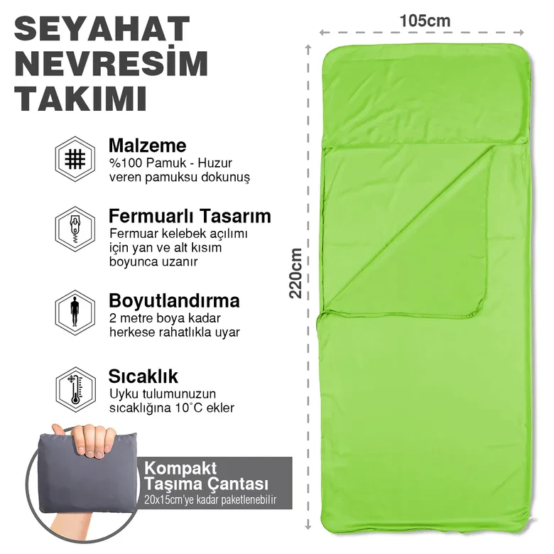 Haegs Seyahat Uyku Nevresimi, %100 Pamuk, Hafif Kompakt Taşınabilir Seyahat tipi Nevresim Takımı, Otel için Temiz Çarşaf, Kamp Uyku Tulumu Astarı, Kamp Çadır Çarşafı 220 x 105cm Yeşil