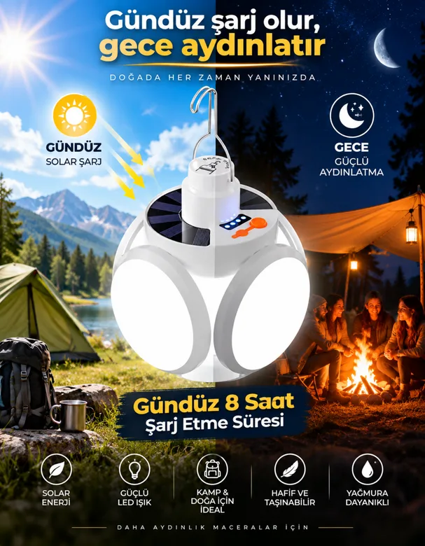 JP8801 Solar ve Adaptör Şarj Girişli 5 Kanatlı 5 Modlu Kamp Bahçe Lambası