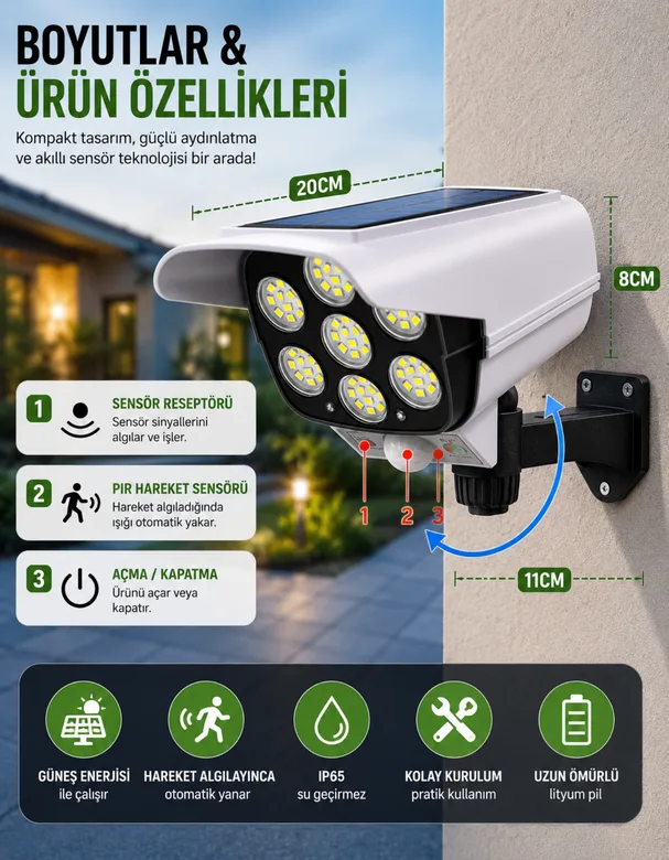 Kamera Görünümlü Hareket  Sensörlü Uzaktan Kumandalı Solar Bahçe Lambası pilhediyeli