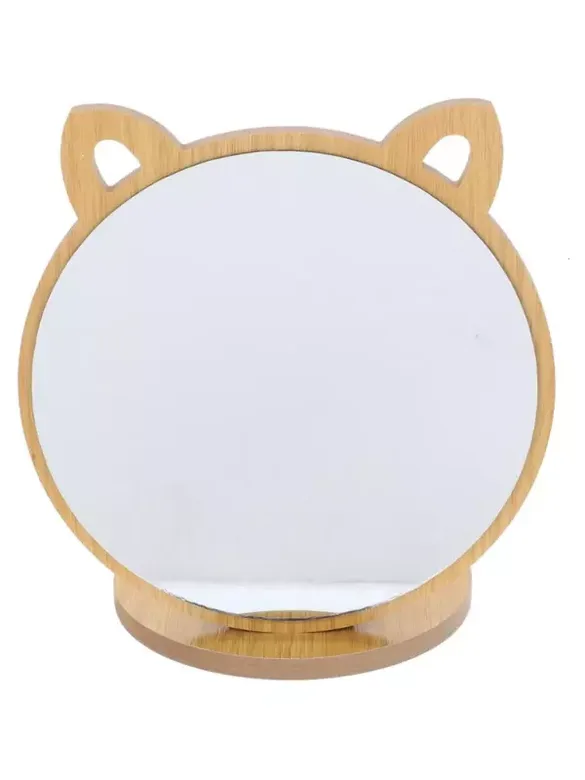 Kedi Ayna Ahşap Standlı Masa üstü Makyaj Aynası Make Up 19CM