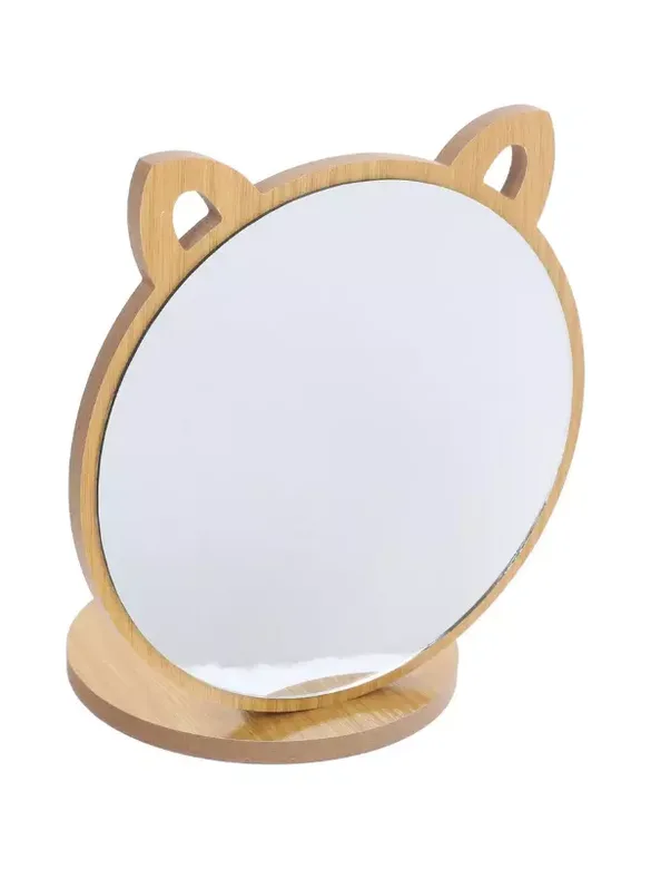 Kedi Ayna Ahşap Standlı Masa üstü Makyaj Aynası Make Up 19CM