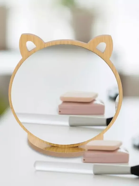 Kedi Ayna Ahşap Standlı Masa üstü Makyaj Aynası Make Up 19CM