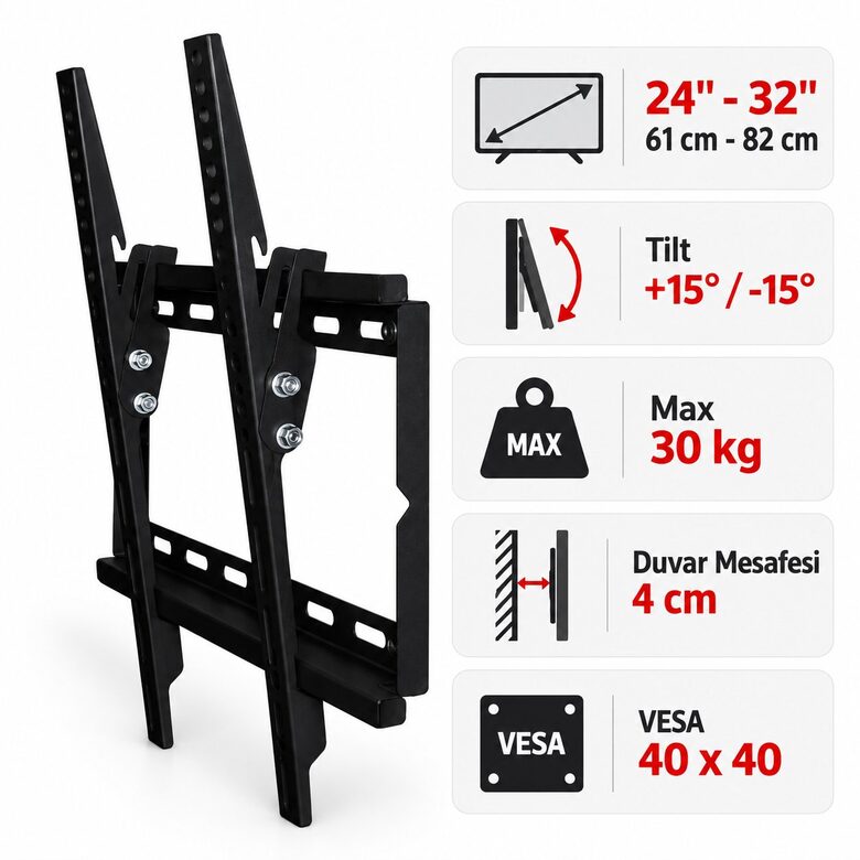 Poswell PW-T40 24–32 İnç Eğim Ayarlı TV ve Monitör Duvar Askı Aparatı