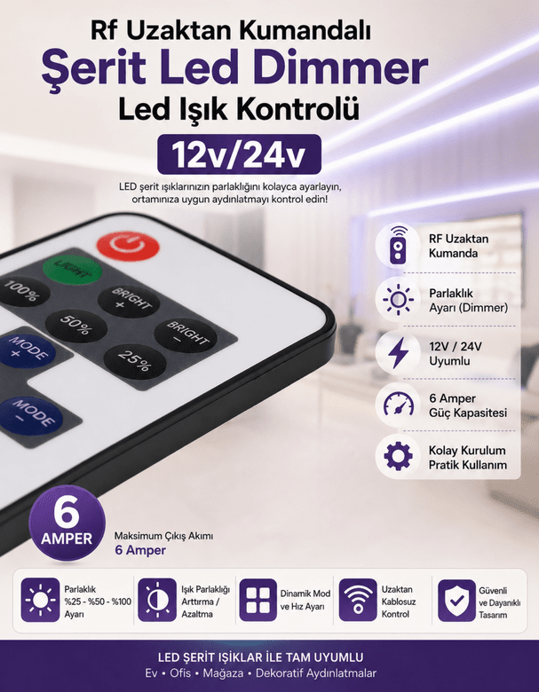 RF Uzaktan Kumandalı Şerit Led Dimmer LED Işık Kontrolü 12V/24V