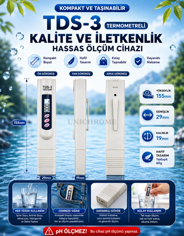 TDS Metre Su Kalite Test Ölçüm Cihazı Saflık Ölçer Pil + Kılıf
