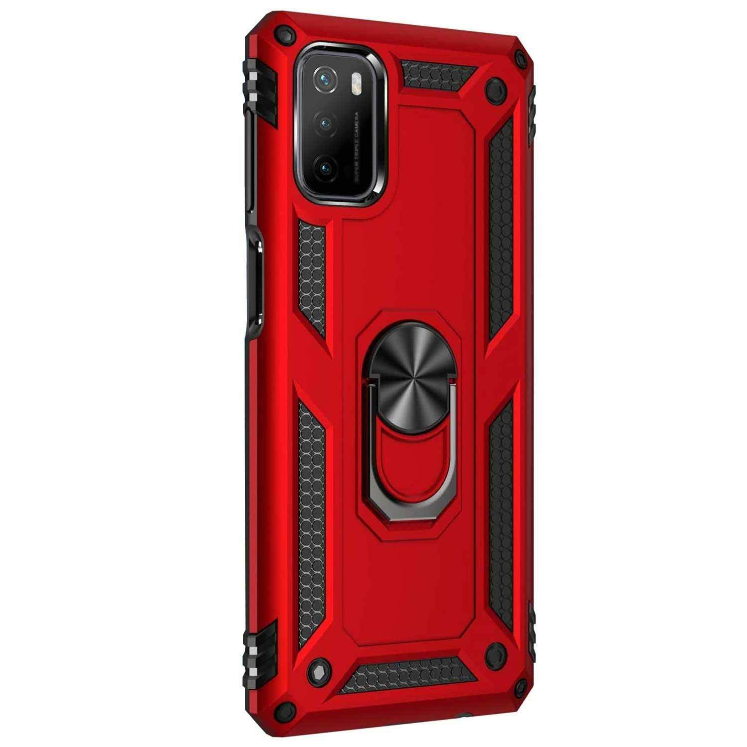 Microsonic Xiaomi Poco M3 Kılıf Military Ring Holder Kırmızı