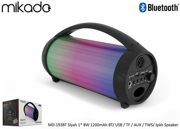 Mikado MD-193BT Siyah 1 x 8W 1200mAh BT/ USB/TF/AUX/TWS/Işıklı Speaker