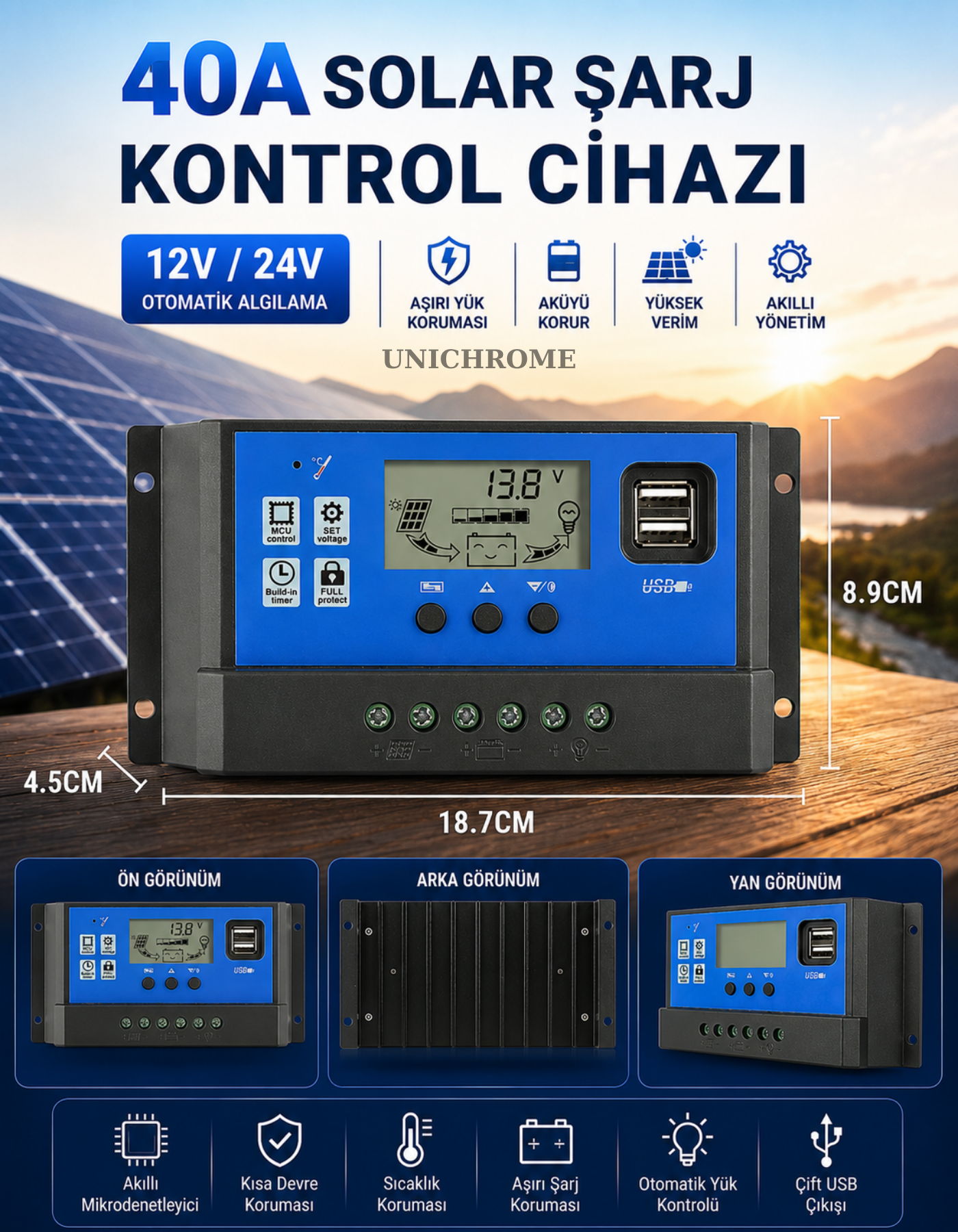 Orijinal 40a Solar Güneş Paneli Akü Şarj Kontrol Cihazı Pwm 12v-24v
