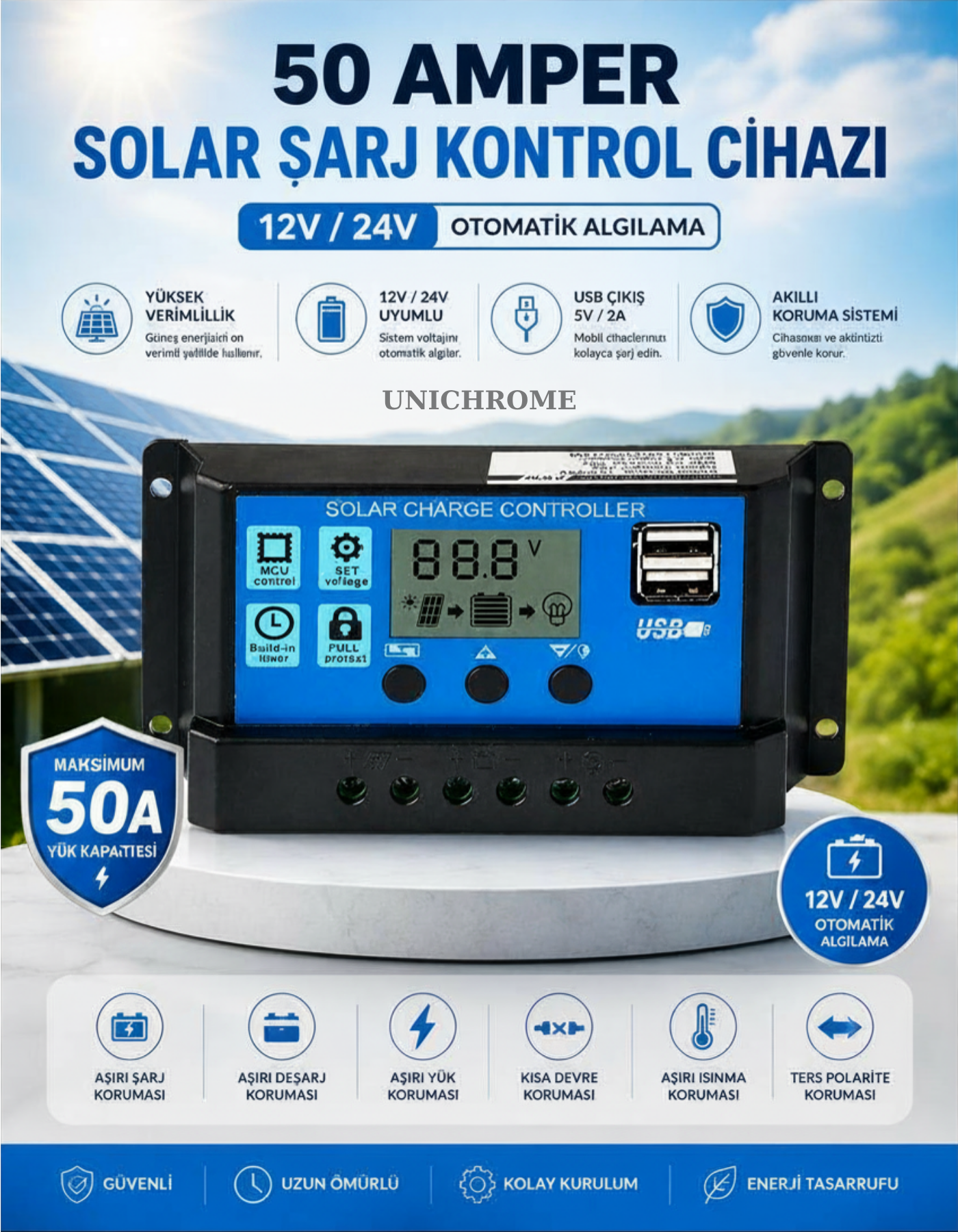 Orijinal 50A Solar Güneş Paneli Akü Şarj Kontrol Cihazı Pwm 12v-24v