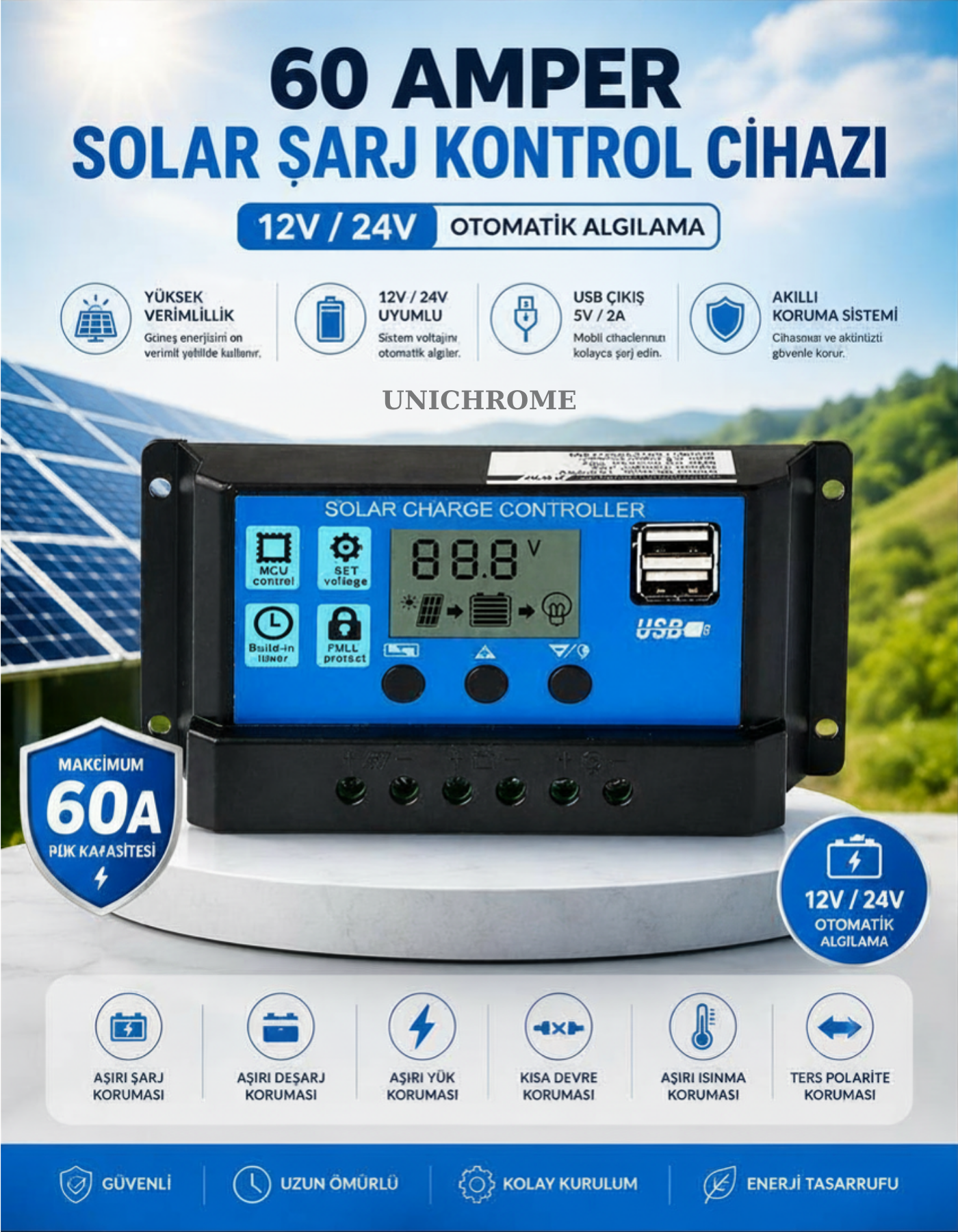 Orijinal 60A Solar Güneş Paneli Akü Şarj Kontrol Cihazı Pwm 12v-24v
